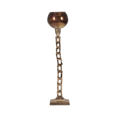 Glam Aluminum and Glass Pillar and Taper Candle Holder with Structural Square Chain Stem and Decorative Globe Cup on Square Base