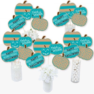 Big Dot of Happiness Teal Pumpkin - Halloween Allergy Friendly Trick or Trinket Centerpiece Sticks - Table Toppers - Set of 15