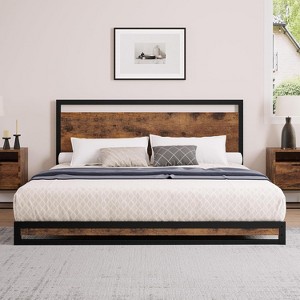 Storage Bed Frame: Industrial Wood Headboard & Footboard - 6" Under Bed Clearance, No Box Spring Needed, Easy Assembly, Rustic Brown - 1 of 4