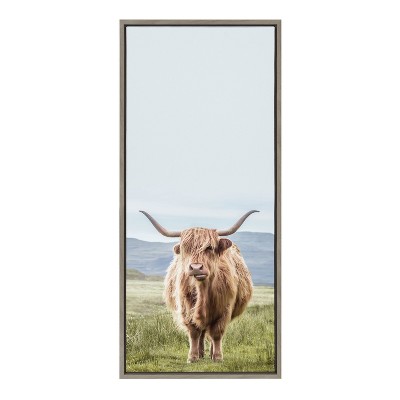 Highland Cow Mountain Landscape Gray Framed Canvas Wall Art