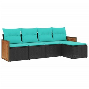 vidaXL 5 Piece Patio Sofa Set with Cushions Black Poly Rattan - Black and Blue Without Table - 1 of 4