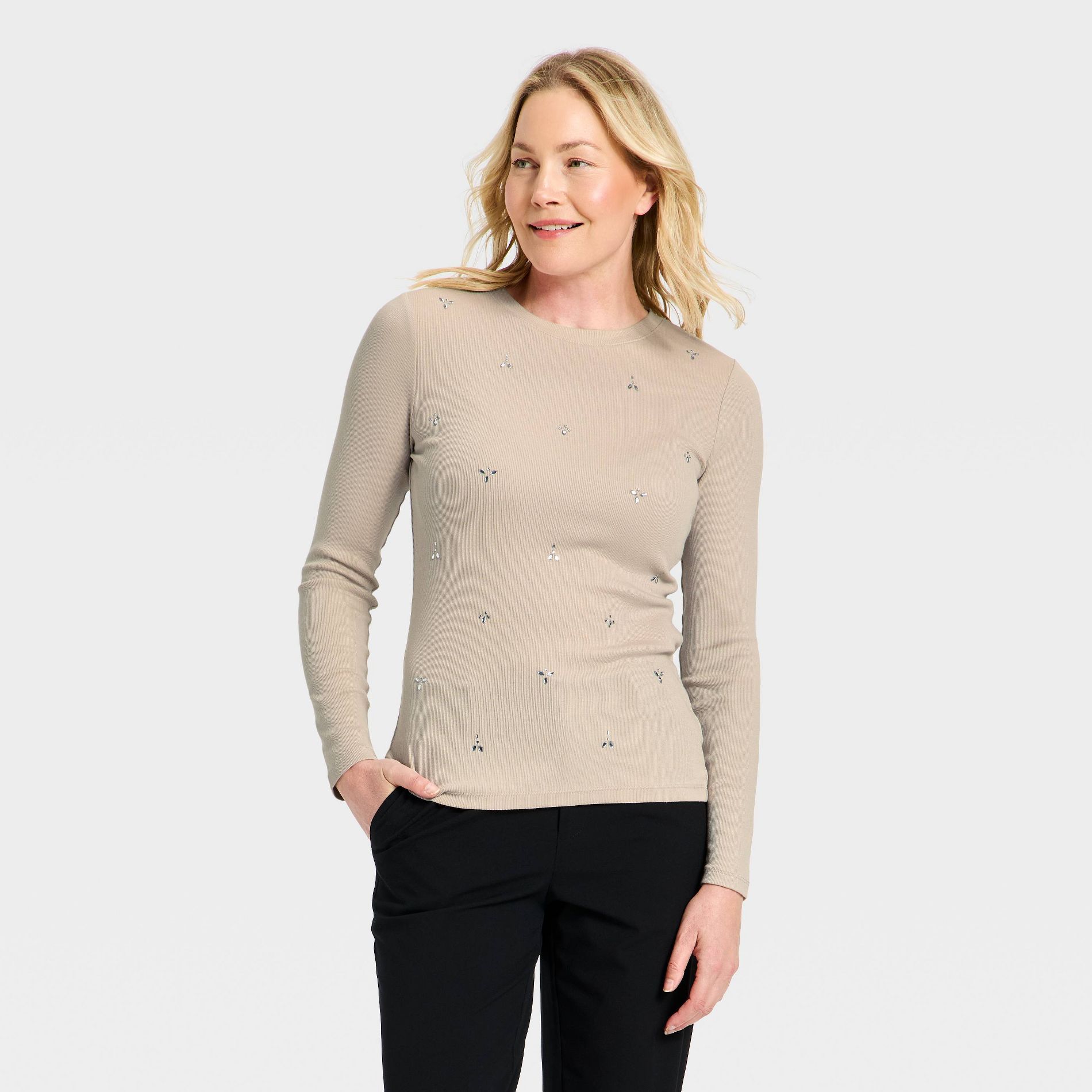 Women's Slim Fit Long Sleeve Embellished Ribbed Top - A New Day™