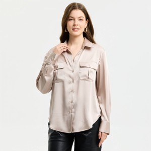 Women's Long Sleeve Button-Down Collar Classic Satin Shirt - A New Day Light Beige L