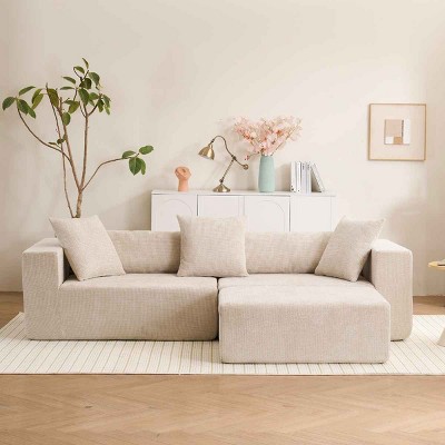 Modular L-Shaped Cloud Sofa, Deep Seat Sectional Sofa with Lounge amd Ottoman, Soft Cushion Sofa with Sping and Corduroy Cover-Coolbibila