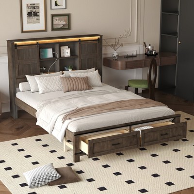Whisen Farmhouse Style Queen Size Wood Platform Bed with Barn Door Design Headboard, USB Port and 2 Drawers
