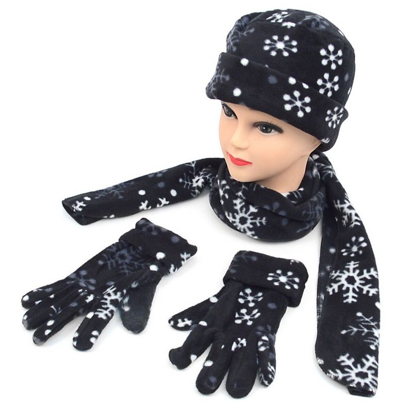 Women's Black Fleece Snow Flake 3-Piece Gloves Scarf Hat Winter Set, 3 of 5