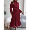 Women Pleated Dress Long Sleeve Stand Up Collar A-Line Flowing Dress With Belt - 4 of 4