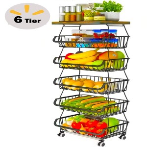 MaseiKar 6-Tier Fruit Basket Rack, Stackable Wire Basket Cart with Solid Wood Top, Kitchen Vegetable Storage & Organization - 1 of 4