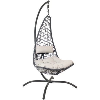 Sunnydaze Outdoor Resin Wicker Patio Phoebe Hanging Basket Egg Chair Swing with Cushions, Headrest, and Steel Stand Set - Gray - 3pc