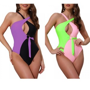 INSPIRE CHIC Women's Criss Cross Color Block O Ring Side Tie Strappy Swimwear Monokini Suit 2 Sets - 1 of 4