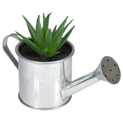 Northlight 4.25" Aloe Vera Succulent in Watering Can Artificial Potted Plant - Green/Silver