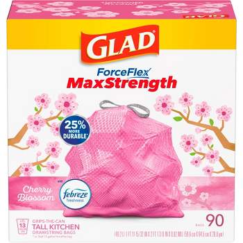 Glad ForceFlex MaxStrength Tall Kitchen Drawstring Pink Trash Bags - Cherry Blossom - 13 Gallon/90ct