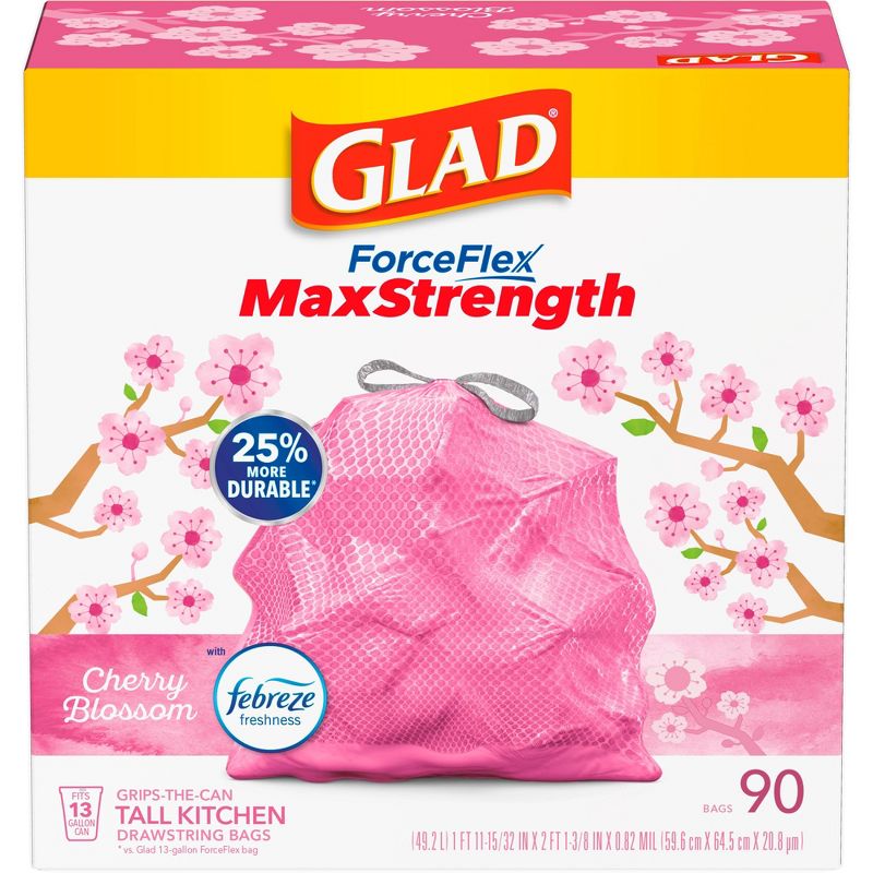 Glad ForceFlex MaxStrength Tall Kitchen Drawstring Pink Trash Bags - Cherry Blossom - 13 Gallon, 1 of 18