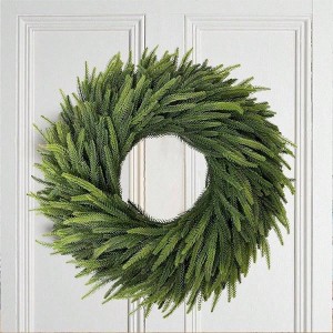 24 inch artificial pine wreath for front door wall home outdoor real looking green festive decoration - 1 of 4