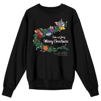 Tom & Jerry Merry Christmas Crew Neck Long Sleeve Black Adult Sweatshirt