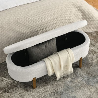 CENGHU Oval Storage Ottoman, Bedroom End Bench, Fabric Ottoman with Storage, Entryway Footstool, Ottoman Bench Rubber Wood Legs for Living Room