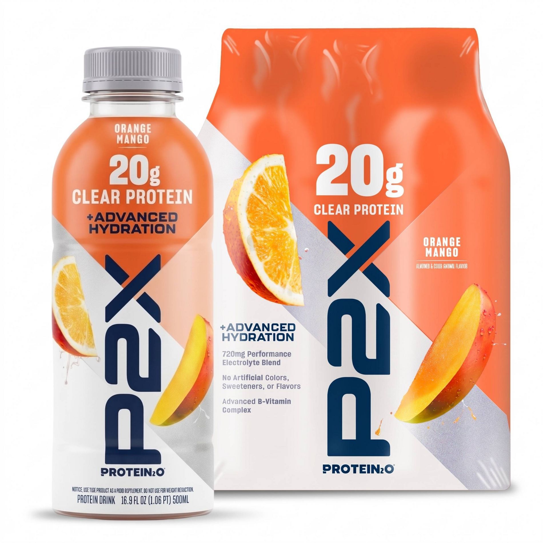 P2X Advanced Hydration 20g Clear Protein Drink With 720mg of Electrolytes - Orange Mango - 4pk/67.6oz