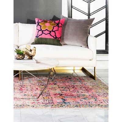 Pink and Blue Rectangular Synthetic Bohemian Area Rug