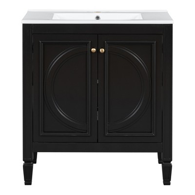 Christopher Knight Home Alison 30" Modern Rubberwood Bathroom Vanity with Ceramic Sink, Shelves and Drawer