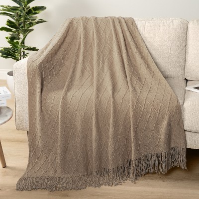 Tan Taupe Knit Fleece Reversible Throw Blanket with Fringe