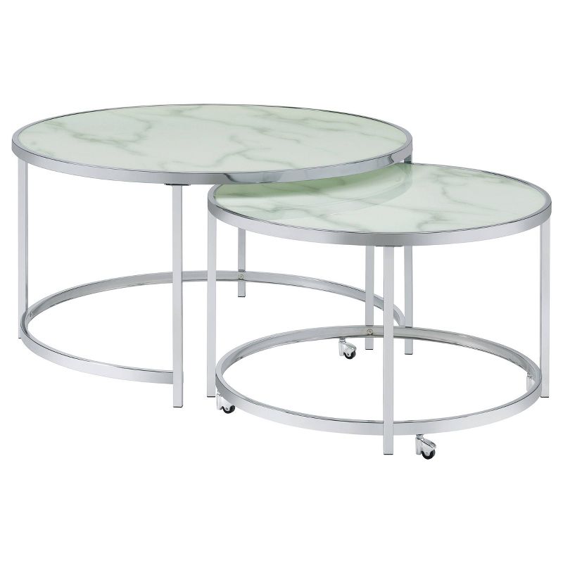 2pc Lynn Round Nesting Coffee Table Set with Marble Glass Top Chrome - Coaster, 1 of 6