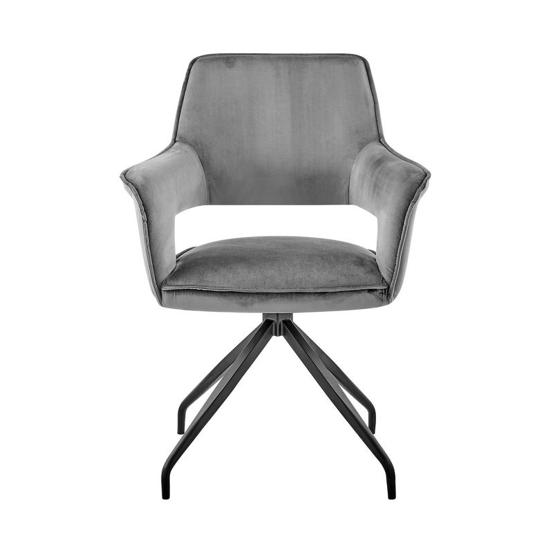 Contemporary Gray Velvet Upholstered Swivel Arm Chair with Metal Base