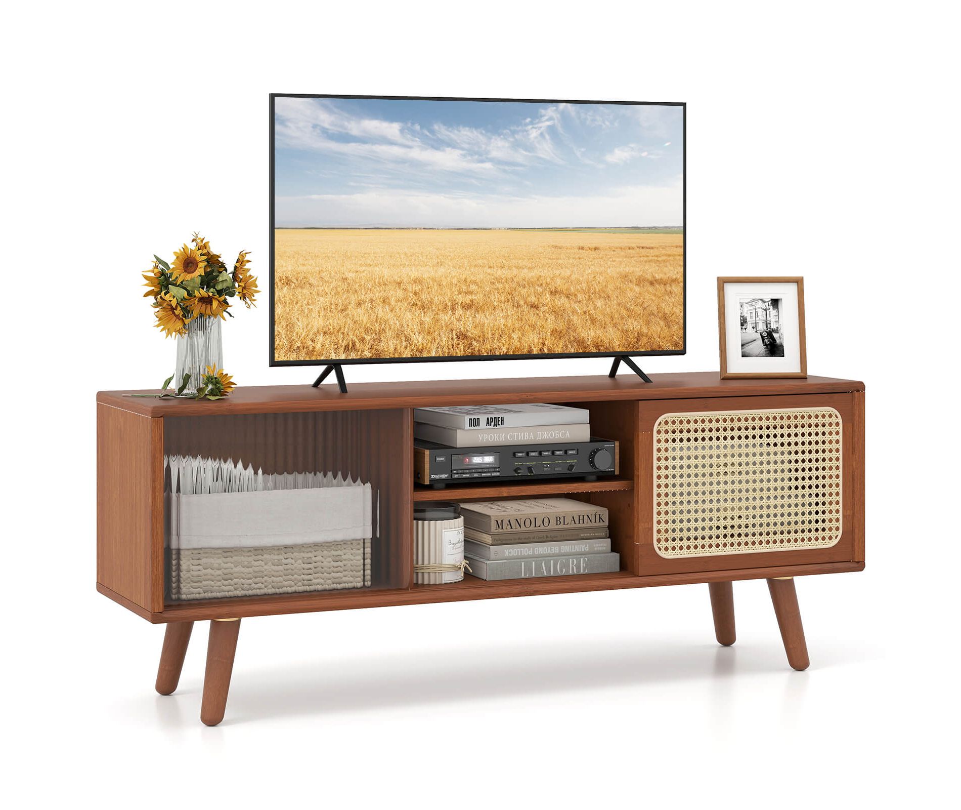 Costway Modern TV Stand Entertainment Center Media Console with Rattan Glass Sliding Doors Natural/Brown