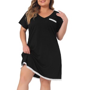 Agnes Orinda Women's Plus Size Lace Trim V Neck Short Sleeve Chest Pocket Nightgown - 1 of 4