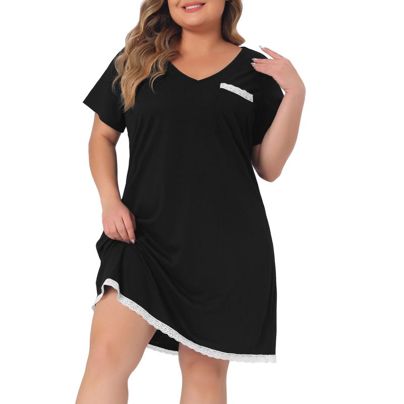 Agnes Orinda Women's Plus Size Lace Trim V Neck Short Sleeve Family Nightgown, 1 of 5