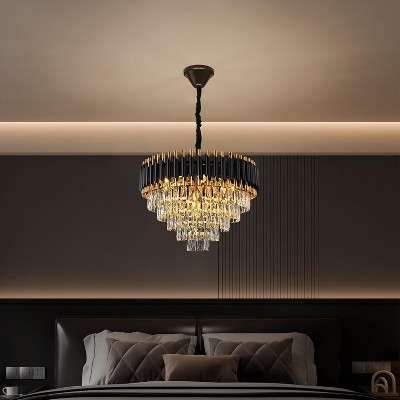 5 Light Crystal Hanging Pendant Lights 3 Tiers Black and Gold Pendant Light Fixtures with K9 Crystals & Steel Frame for Bedroom Dining Living Hallway