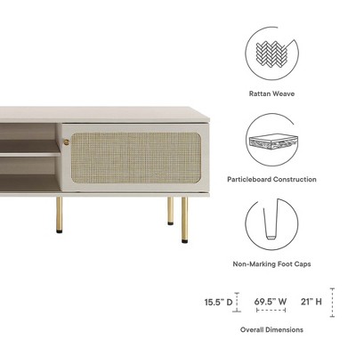 Cambria 70" White Particleboard TV Stand with Rattan Weave Cabinet