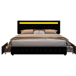CAVINAS Full/Queen/King Size Modern Platform Bed Frame with LED on Headboard & 4 Storage Drawers,No Box Spring Needed - 1 of 4