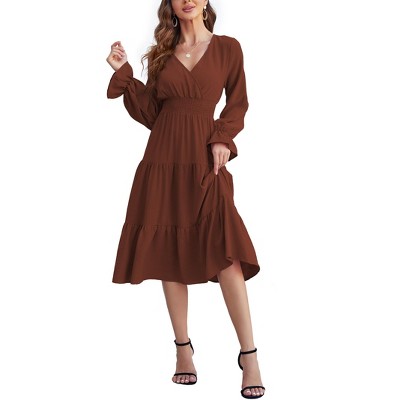 Women's Casual Wrap V Neck Midi Dress Long Sleeve Smocked Waist Tiered A Line Pleated Flowy Long Dress