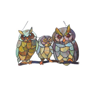 Chloe Lighting Ollie Tiffany-Glass Owls Family Window Panel 11x17