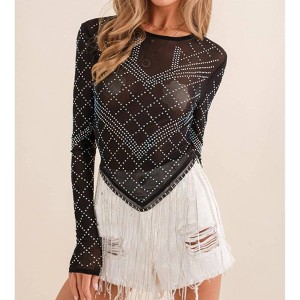 Women's Rhinestone Mesh Fringe Long Top - Blue B - 1 of 4