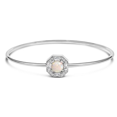 Haus of Brilliance Silver 7X7MM Created Opal and White Sapphire Halo Bangle Bracelet