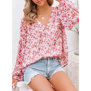 Floral Chiffon Blouse - Women's V-Neck Lantern Sleeve Pullover Tunic Tee Top Pink 2X - 1 of 4