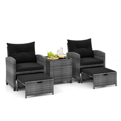 Tangkula 5 PCS Rattan Furniture w/ 2 Ottomans & Tempered Glass Coffee Table Patio