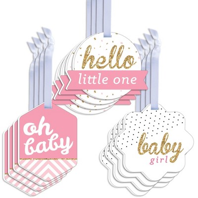 Big Dot of Happiness Hello Little One - Pink and Gold - Assorted Hanging Girl Baby Shower Favor Tags - Gift Tag Toppers - Set of 12