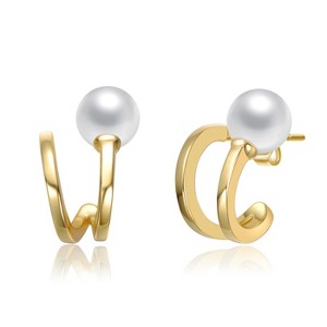 Guili Sophisticated Sterling Silver 14K Gold-Plated Earrings with White Freshwater Pearls and Curved Double Wire Design – Elegant and Modern - 1 of 2