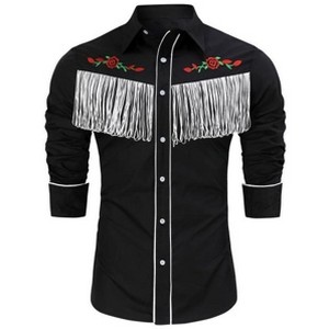 WhizMax Men's Western Cowboy Fringe Shirt Long Sleeve Rose Embroidered Slim Fit Button Down Shirt - 1 of 4