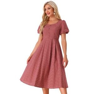 Allegra K Women's Plaid Summer Pleated Back Button Decor Puff Sleeve Maxi Dress - 1 of 4