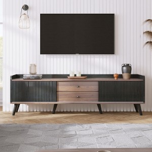 Chic Crate - 63" Mid-Century Media Console w/ 2 Cabinets & Open Storage - 70" TV Stand for Living Room/Home Theatre - Walnut & Charcoal - 1 of 4