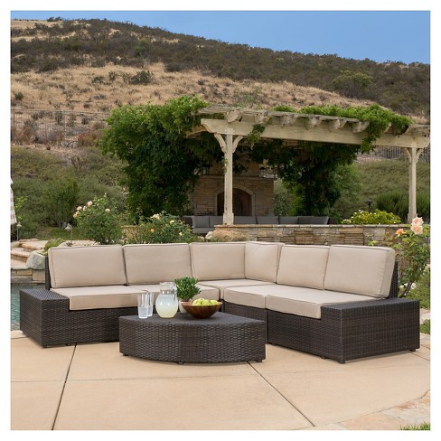 6-Piece Outdoor Wicker Sofa Set with Thick Cushions and Pillows - Beige