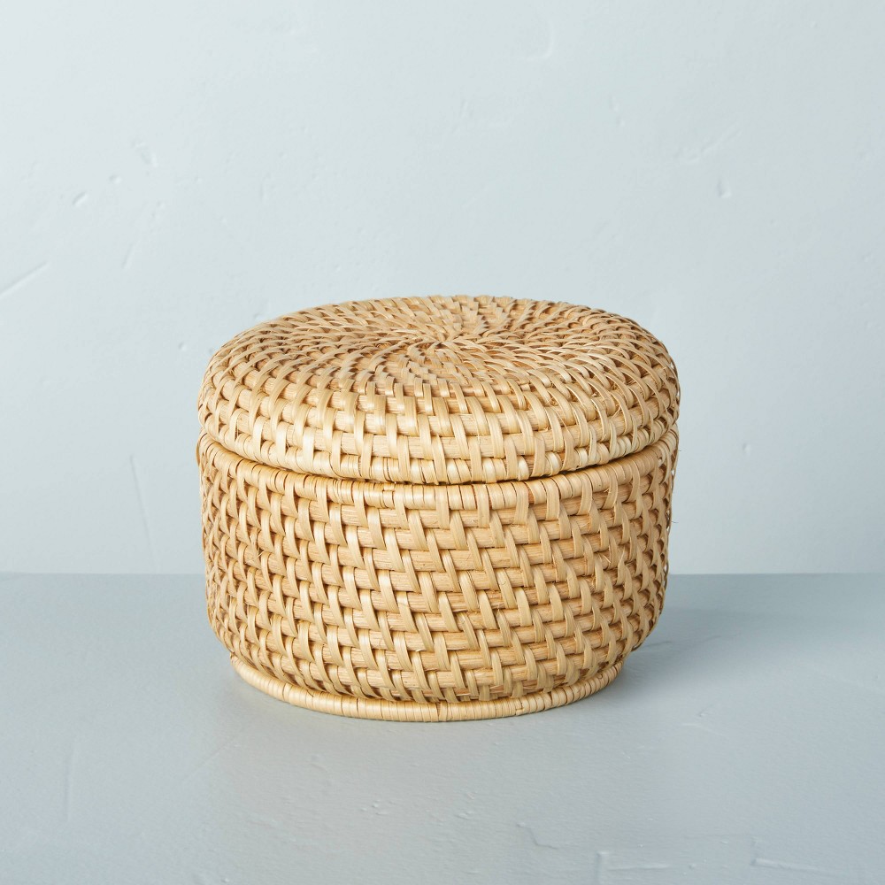 Photos - Other Decoration Medium 4"x6" Woven Basket with Lid Natural - Hearth & Hand™ with Magnolia: Rattan, Farmhouse Style, Tabletop Storage