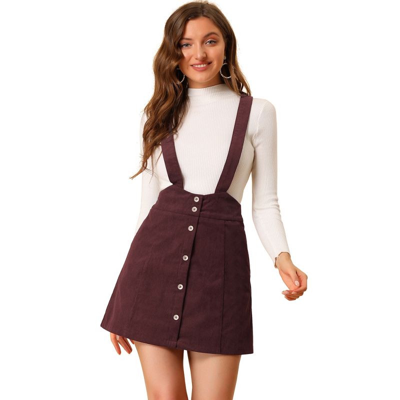 Allegra K Women's Corduroy A-line Decor Button Front Mini Suspender Skirt, 1 of 6