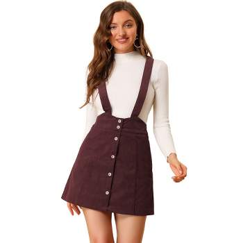Allegra K Women's Corduroy A-line Decor Button Front Mini Suspender Skirt