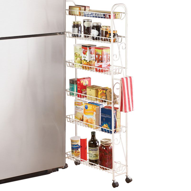 Collections Etc Slim Rolling Pantry 6-Tier Shelf, White Metal with Elegant Scroll Design Accent - Extra Kitchen and Bathroom Storage, 1 of 3