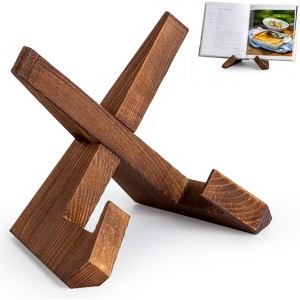 Cookbook Stand, Wooden Recipe Book Holder for Kitchen Counter, Multifunctional Display, Kitchen Decor, Brown Finish - 1 of 4