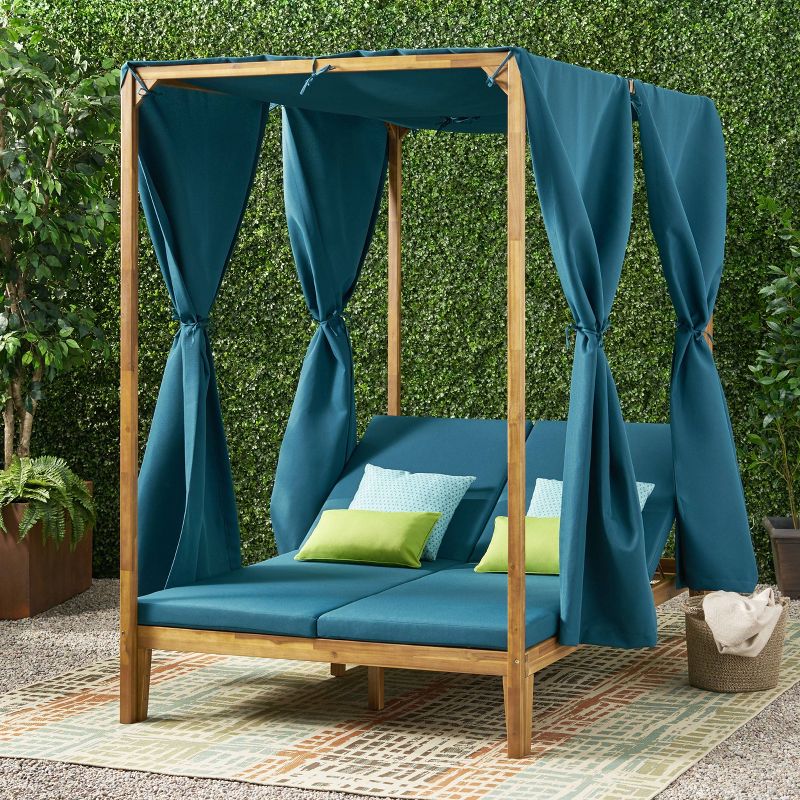 Kinzie Outdoor 2 Seater Adjustable Acacia Wood Daybed with Curtains - Teak/Blue - Christopher Knight Home, 3 of 10